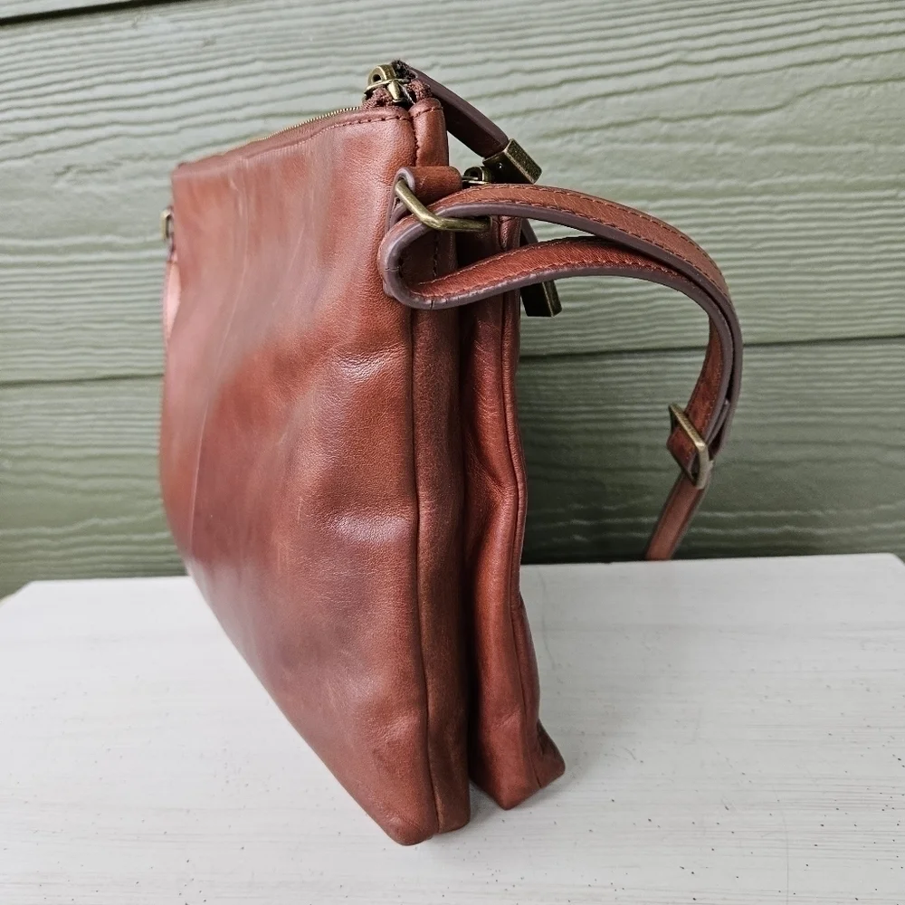Margot Lorna Cognac Soft Brown Leather Crossbody Purse Zip Top Hobo Bag Satchel
